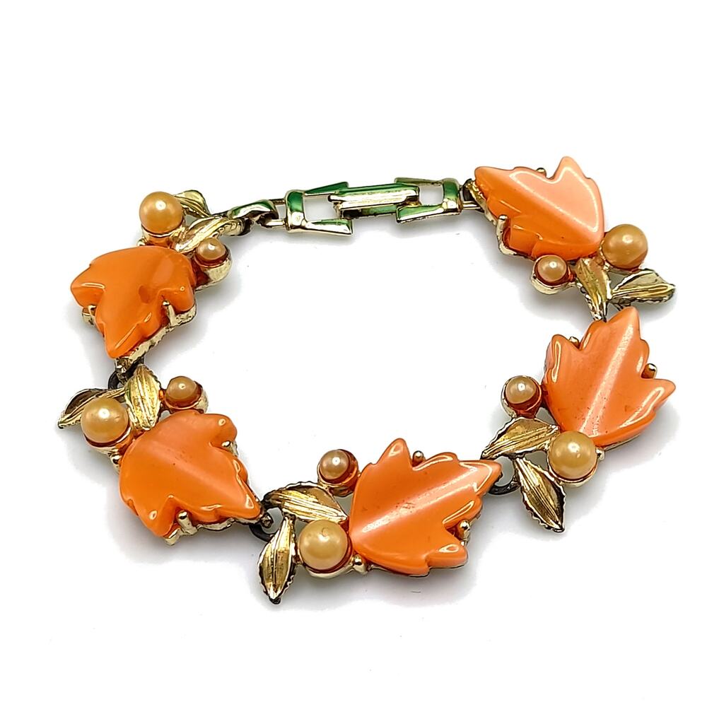 Vintage Orange Moonglow Lucite Leaf Bracelet, Gold Tone, 7 1/4 In, 1950s